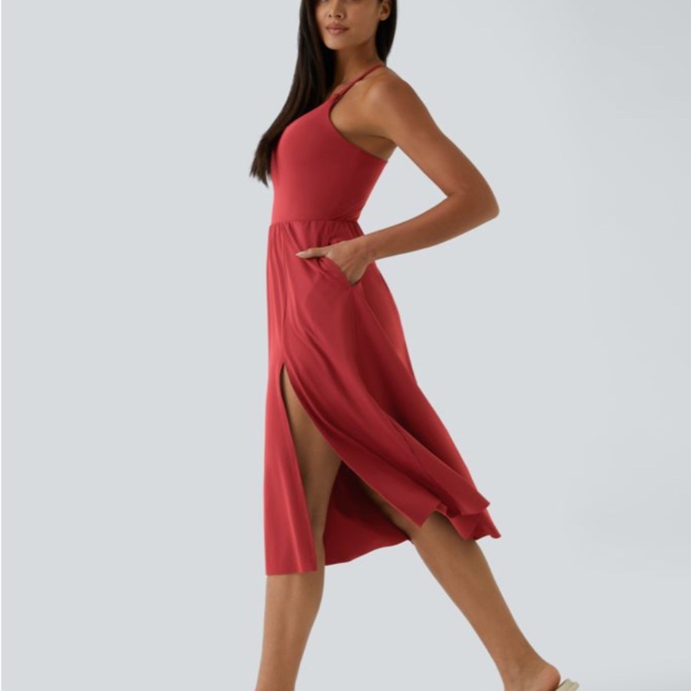 HALARA Red Midi Dress with Side Slit